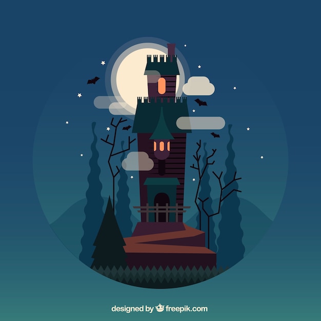 Free Vector halloween landscape background with enchanted castle