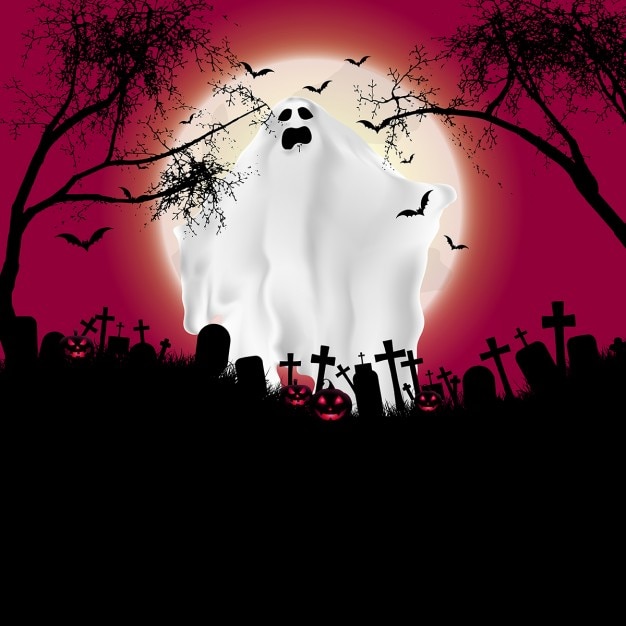 Free vector halloween landscape with ghostly figure and cemetery