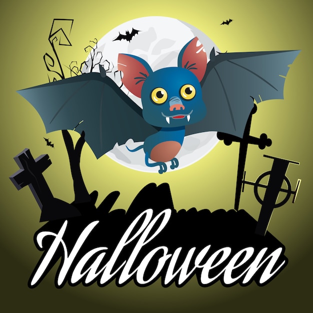 Free vector halloween lettering. cartoon bat flying over graveyard