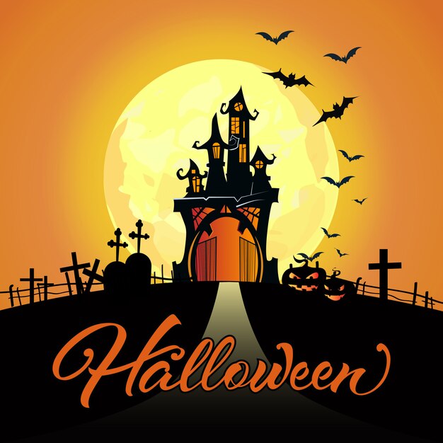 Halloween lettering with full moon, castle, cemetery, pumpkins