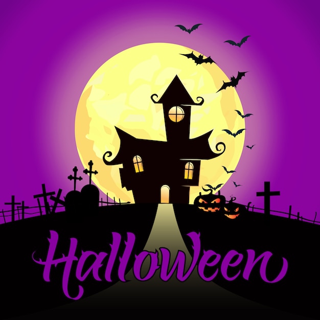 Free Vector halloween lettering with full moon, castle, pumpkins and bats