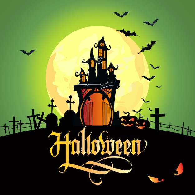 Halloween lettering with moon, cemetery and castle