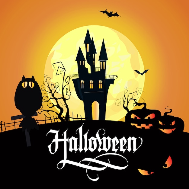 Free Vector halloween lettering with owl, castle, pumpkins and full moon