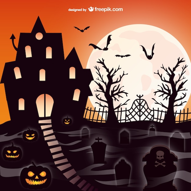 Free vector halloween mansion graveyard scene