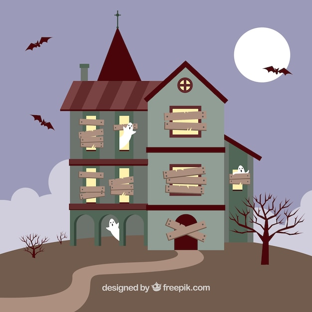 Free Vector halloween mansion with ghosts