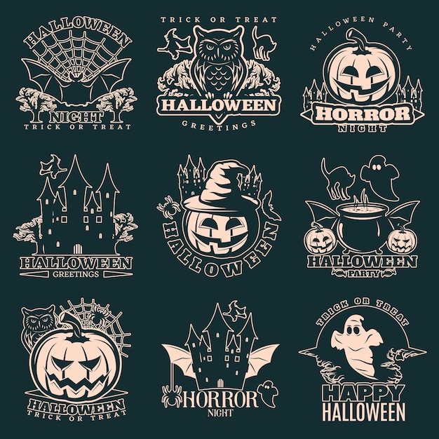 Free Vector halloween monochrome emblem set