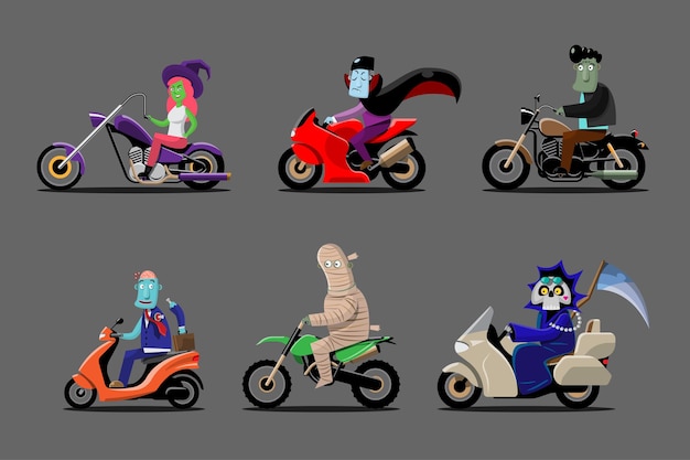 Free Vector halloween monster characters in motorcycle