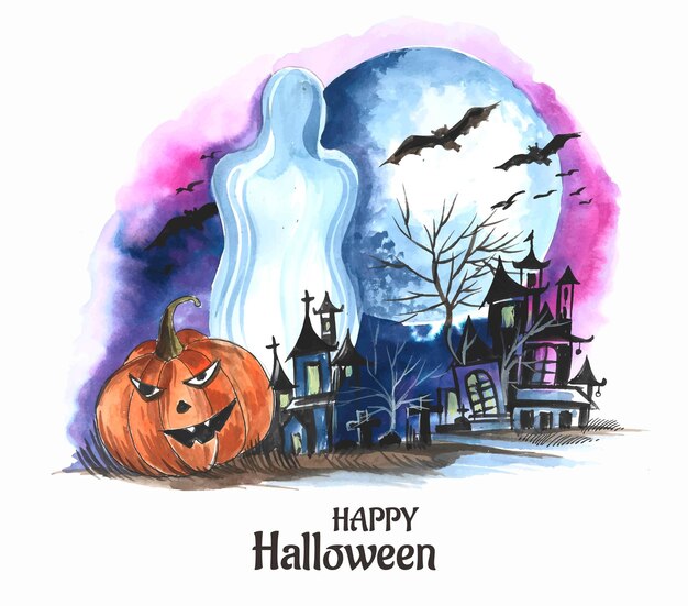 Halloween night background pumpkins and dark castle design