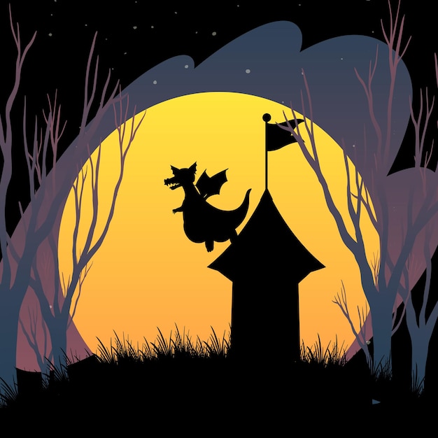 Halloween night background with dragon and tower silhouette