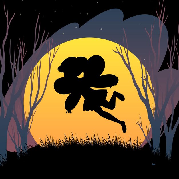 Halloween night background with fairy silhouette