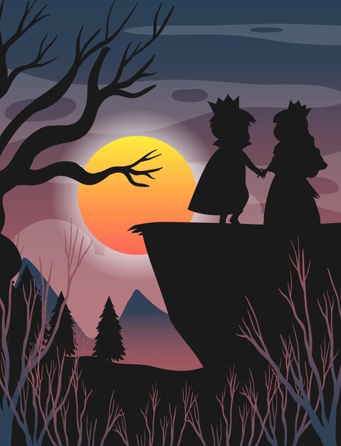 Halloween night background with prince and princess silhouette