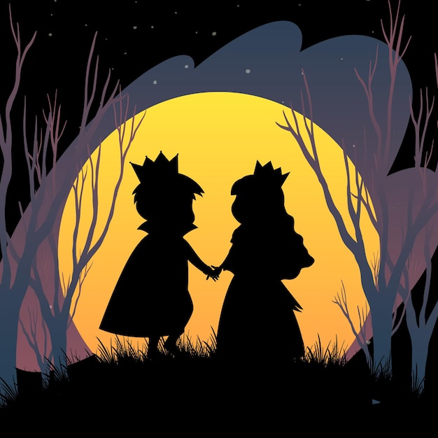 Halloween night background with prince and princess silhouette