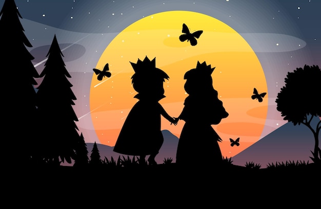 Halloween night background with prince and princess silhouette