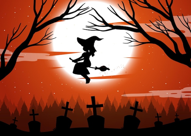 Free Vector halloween night background with witch silhouette