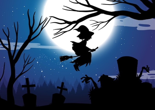 Halloween night background with witch silhouette