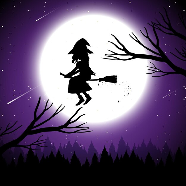 Free Vector halloween night background with witch silhouette