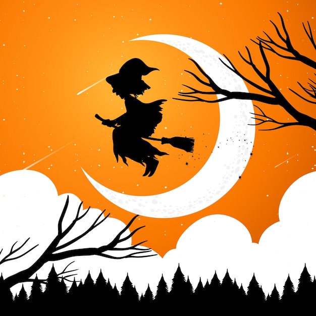 Free vector halloween night background with witch silhouette