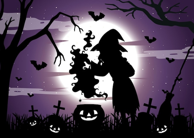 Halloween night background with witch silhouette