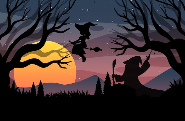 Free vector halloween night background with witch silhouette