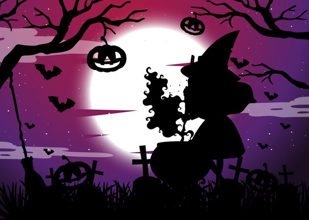 Halloween night background with witch silhouette