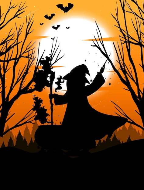 Free vector halloween night background with witch silhouette