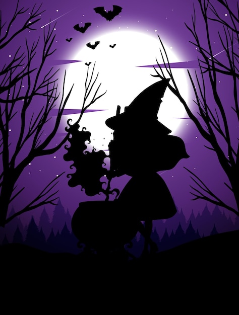 Halloween night background with witch silhouette