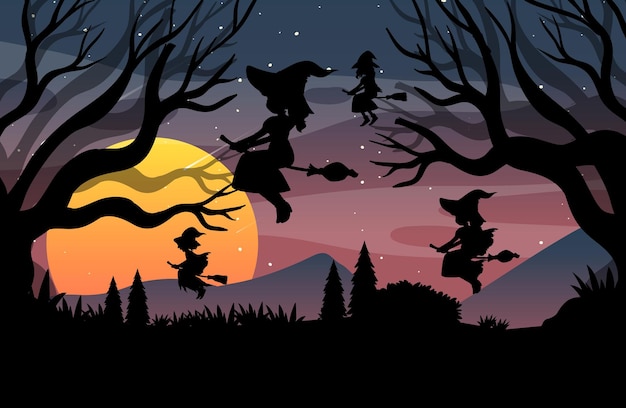 Halloween night background with witches silhouette