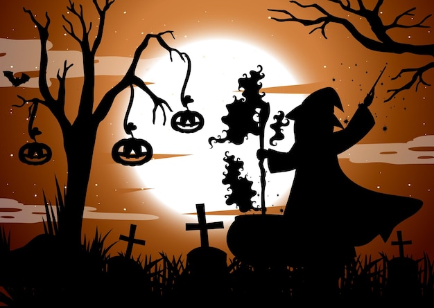 Halloween night background with wizard silhouette