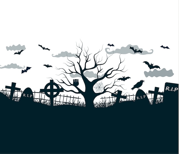 Halloween night illustration in black, white, grey colors with dark cemetery crosses, dead tree and bats