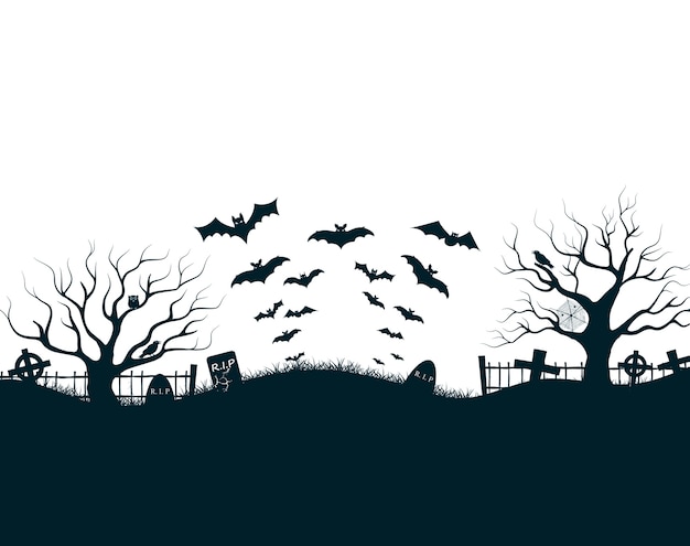 Halloween night illustration with dark castle cemetery crosses, dead trees and bats