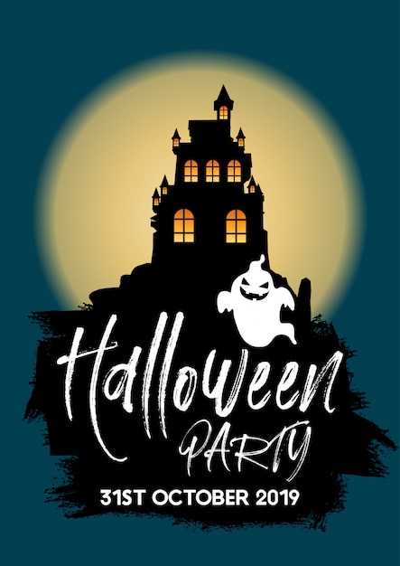 Free Vector halloween party background with castle and ghost