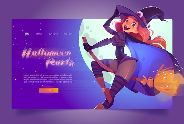 Free Vector halloween party banner with witch on broom