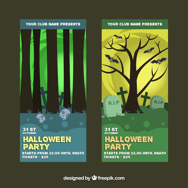 Free Vector halloween party banners with trees and tombs