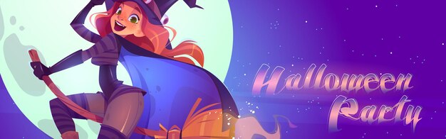 Halloween party cartoon banner, beautiful witch