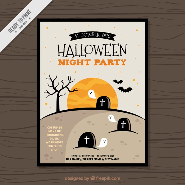 Free vector halloween party flyer with cemetery drawing