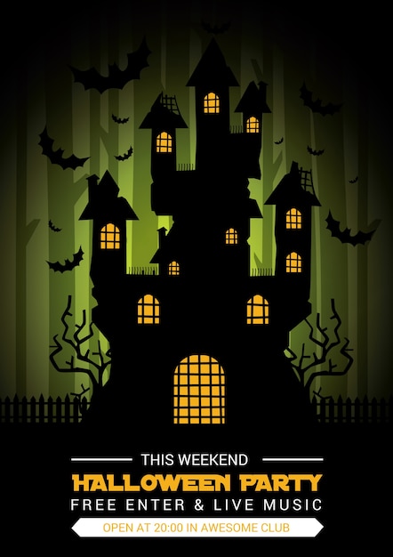 Free vector halloween party flyer with an enchanted house