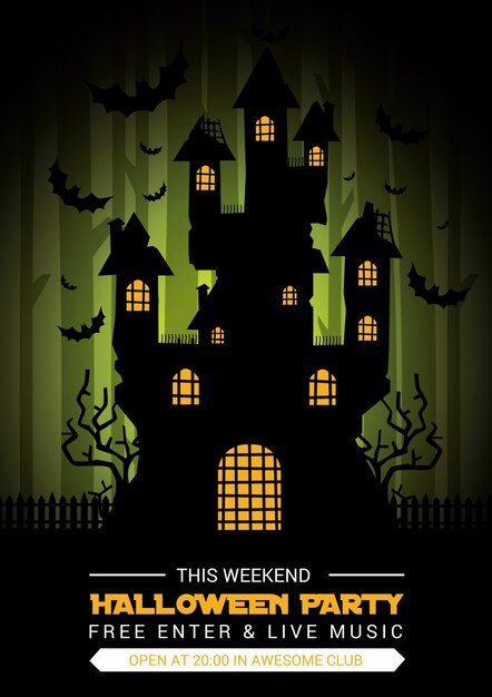 Halloween party flyer with an enchanted house