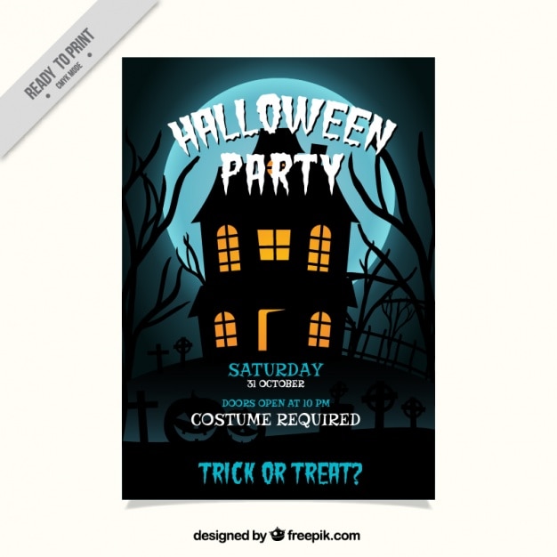 Free Vector halloween party flyer with haunted house