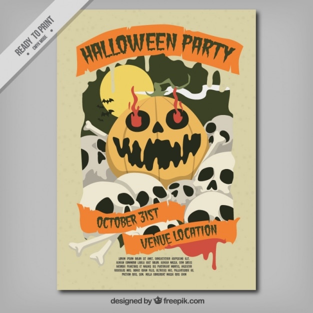 Free Vector halloween party flyer with skulls