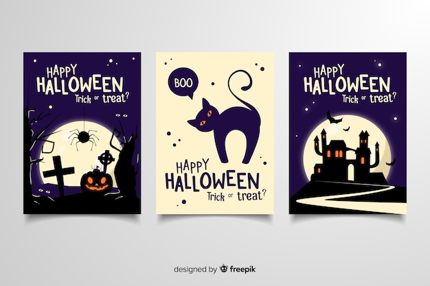 Halloween party greetings cards with different scary illustrations