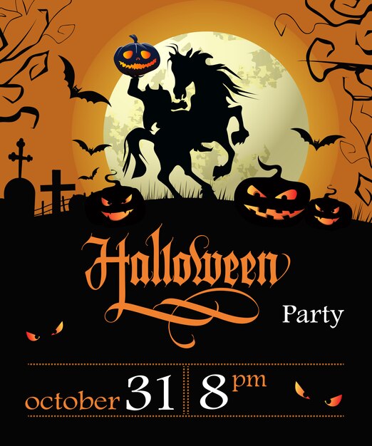 Halloween party lettering with date, headless horseman and moon