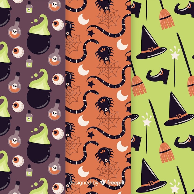 Free Vector halloween party pattern collection with spiders and witches