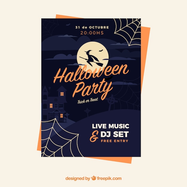 Free Vector halloween party poster with flying witch