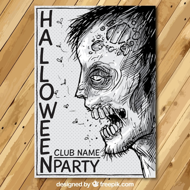 Free vector halloween party poster with a hand drawn zombie