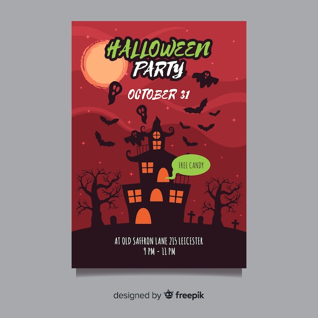 Free Vector halloween party poster with haunted house