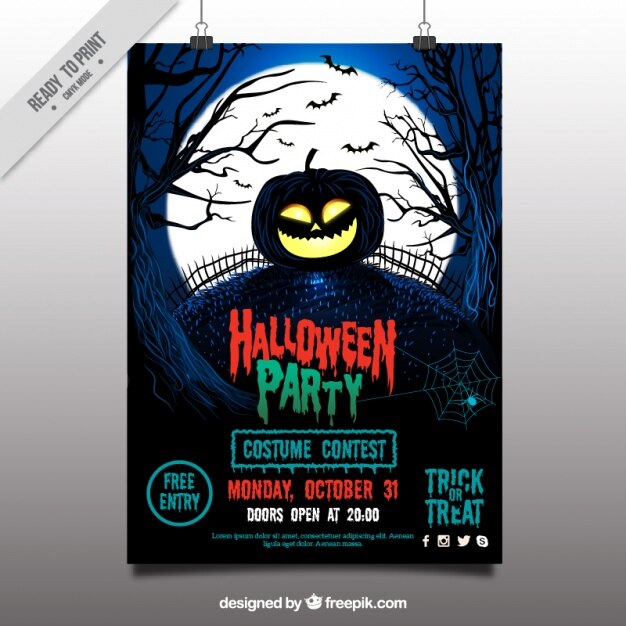 Halloween party poster with pumpkin in the cemetery