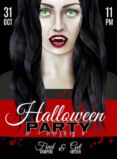 Free Vector halloween party poster with scary woman wearing vampire teeth