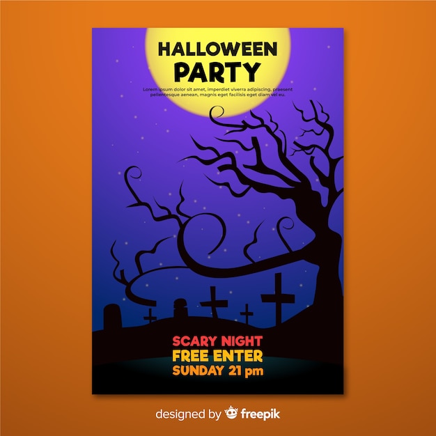 Free Vector halloween poster night in graveyard