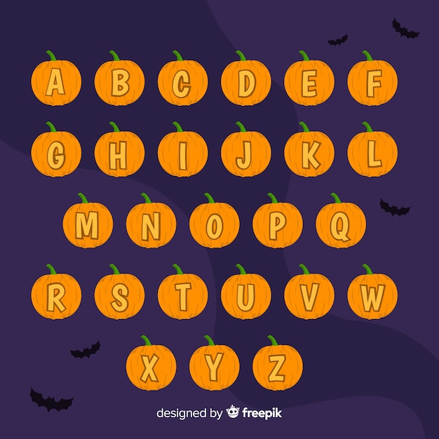 Halloween pumpkin alphabet on a night with bats