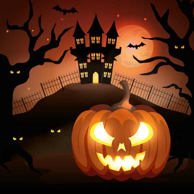 Free Vector halloween pumpkin with haunted castle in dark night